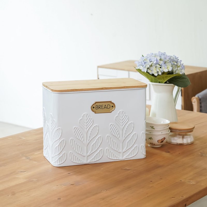 NIKKY HOME Extra Large Space Saving Farmhouse White Bread Box With Bamboo Lid - Holds 2 Loaves - Vertical Breadbox Bread Storage Bin Holder for Kitchen Countertop, Plant Embossed Pattern