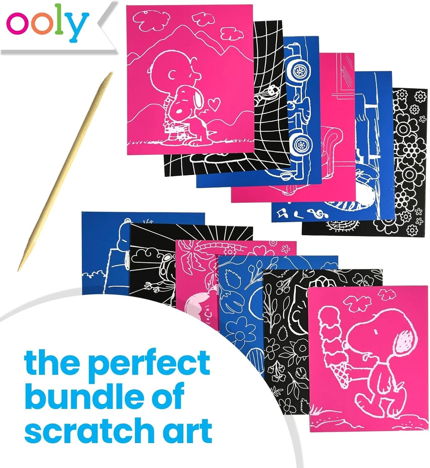 Ooly X Peanuts Scratch Art Kit - 12 Cards with Snoopy & Friends | Travel-Friendly Craft Set for Kids