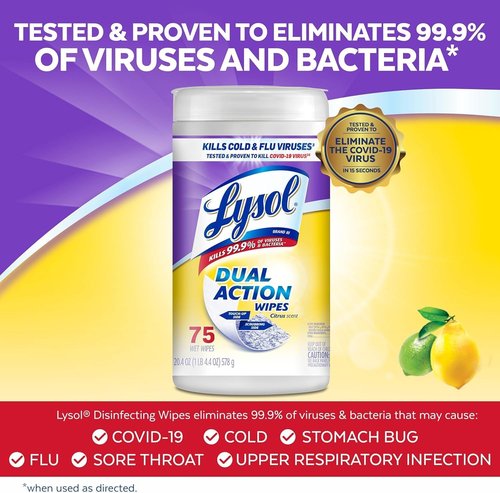 Lysol Dual Action Disinfectant Wipes - Multi-Surface Antibacterial Scrubbing Wipes | Citrus Scent, 75ct (Pack of 4)