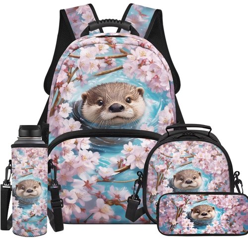 ELEDIZI Cherry Blossom Otter Backpack for Girls Kids Backpack with Lunch Box Water Bottle Carrier and Big Pencil Case 4Pcs Set 17" Bookbag with Compartments Lightweight School Bag for Elementary Girls