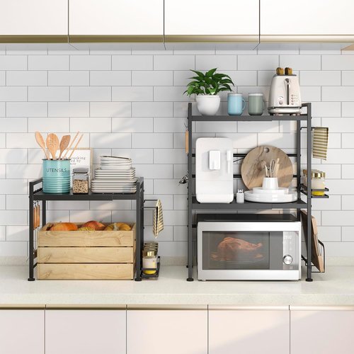 DOLALIKE Microwave Oven Rack - Expandable Kitchen Storage Stand with 6 Hooks | Carbon Steel Countertop Organizer