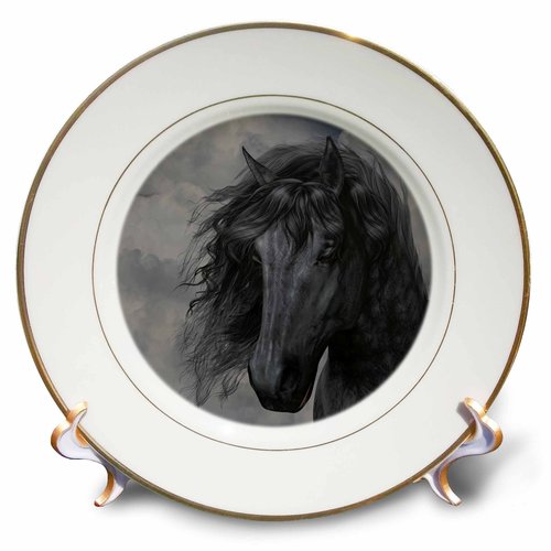 3dRose cp_172942_1 A Black Frisian Horse Portrait in a Cloudy Sky-Porcelain Plate, 8-Inch