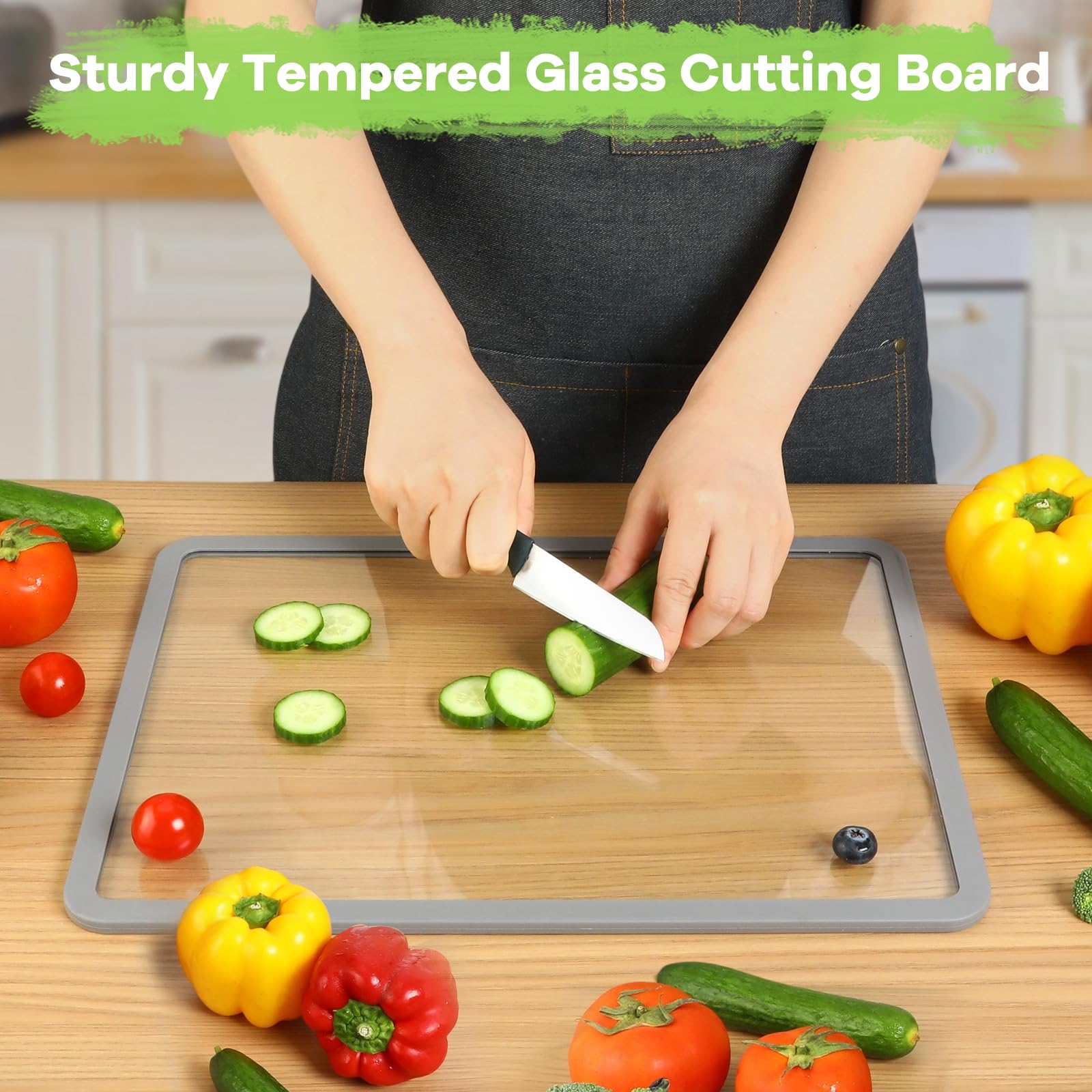 IDekooror Cutting Board, Tempered Glass Cutting Board for Kitchen Counter, 2Pcs Chopping Board Set with Non-Slip Silicone Edges, Heat Resistant, Dishwasher Safe, Kitchen Decoration