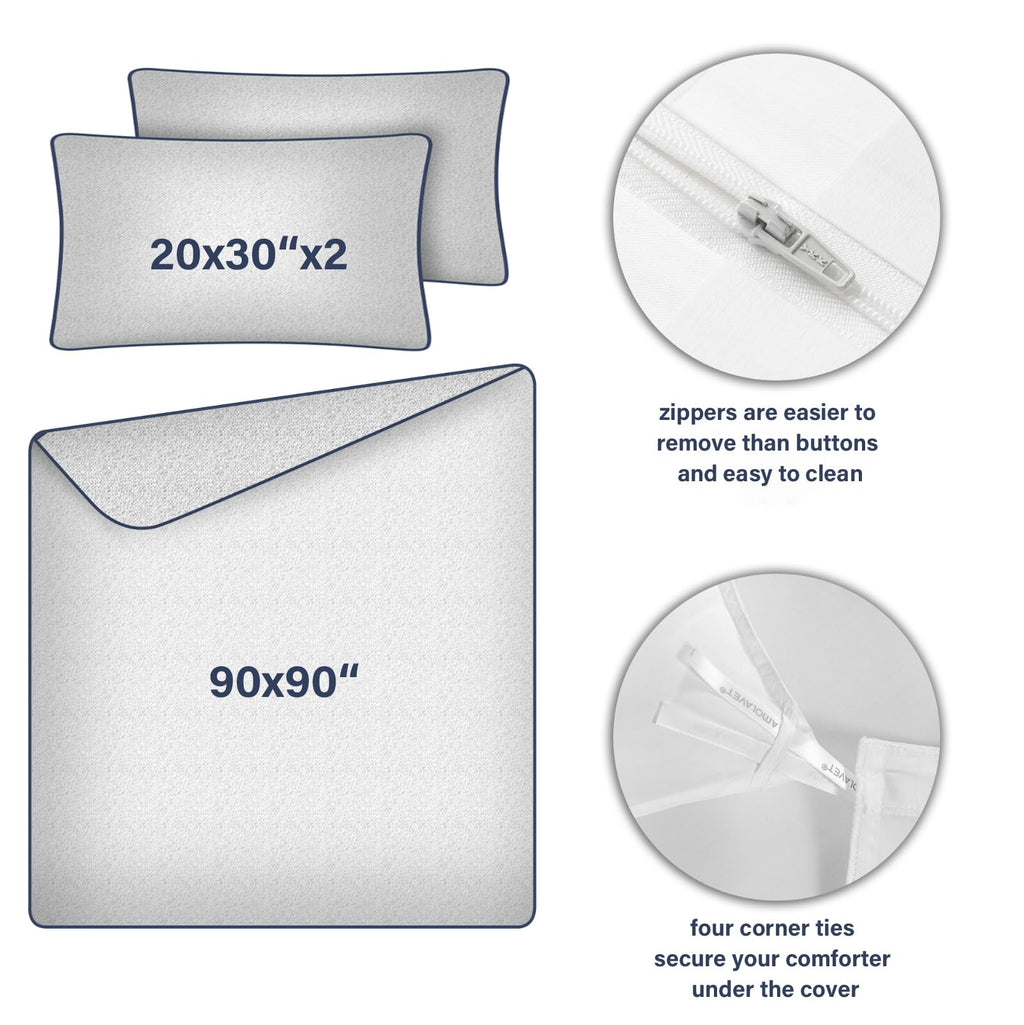 Amolavet Hotel Bedding Duvet Cover Queen Size Cotton White Satin Pin Striped Textured with Zipper - Duvet Cover Queen 3 Pcs Set 90x90 - Comforter Cover/Quilt Cover Queen Size