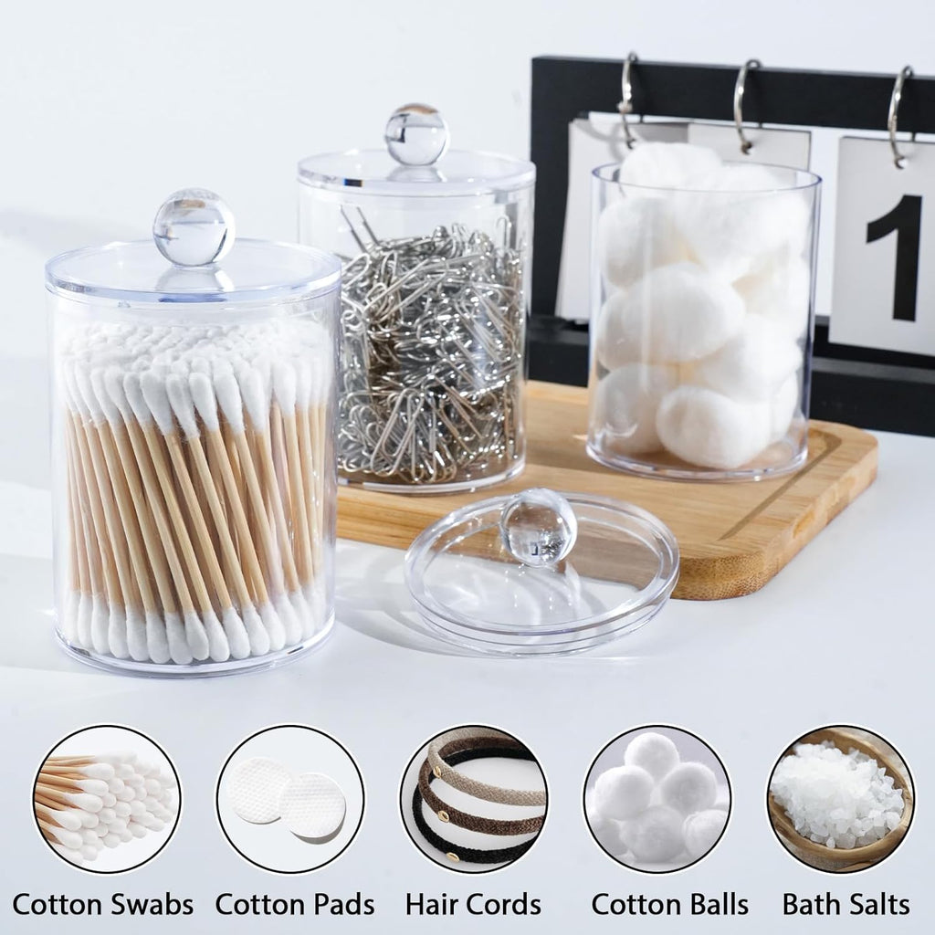 XIPENGKEJI Qtip Holder Set - 4 Pack Apothecary Jars with Lids for Cotton Swabs & Pads | 10oz-12oz Organizers