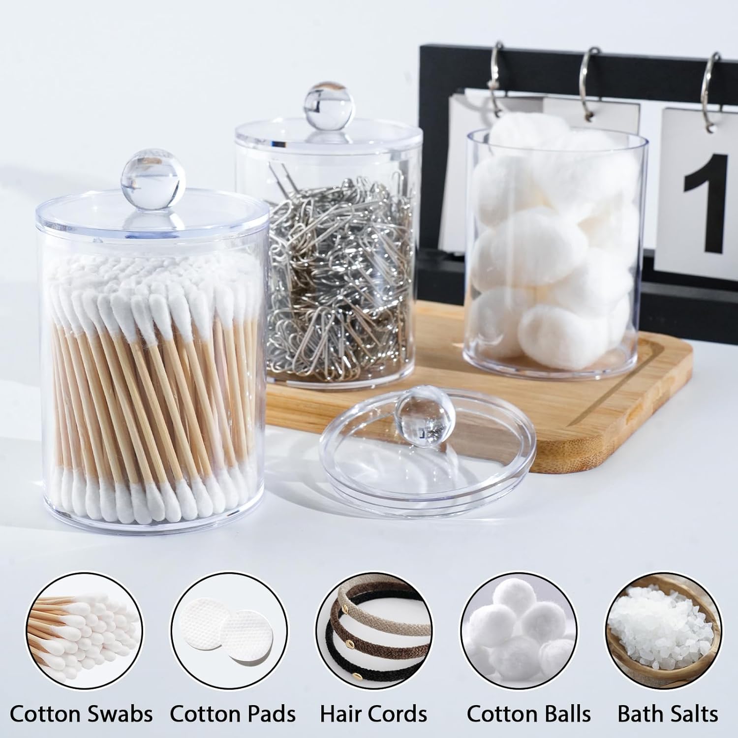XIPENGKEJI Qtip Holder Set - 4 Pack Apothecary Jars with Lids for Cotton Swabs & Pads | 10oz-12oz Organizers