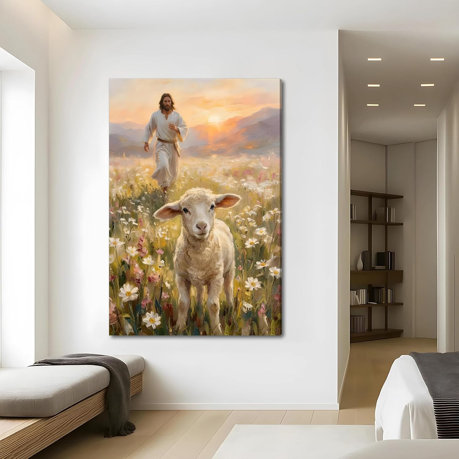 SIXWOOD Canvas Wall Art - Good Shepherd Jesus Seeking Lost Sheep | Framed 12x16 in Christian Decor
