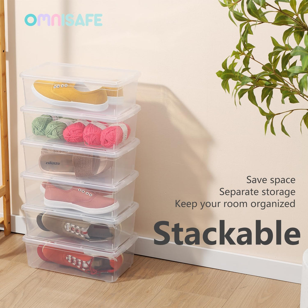 Stackable Plastic Storage Shoeboxes by [Brand Name] - BPA-Free Nestable Containers with Latching Lid | 6 Quart, Transparent, 12 Pack for Home & Office Organization