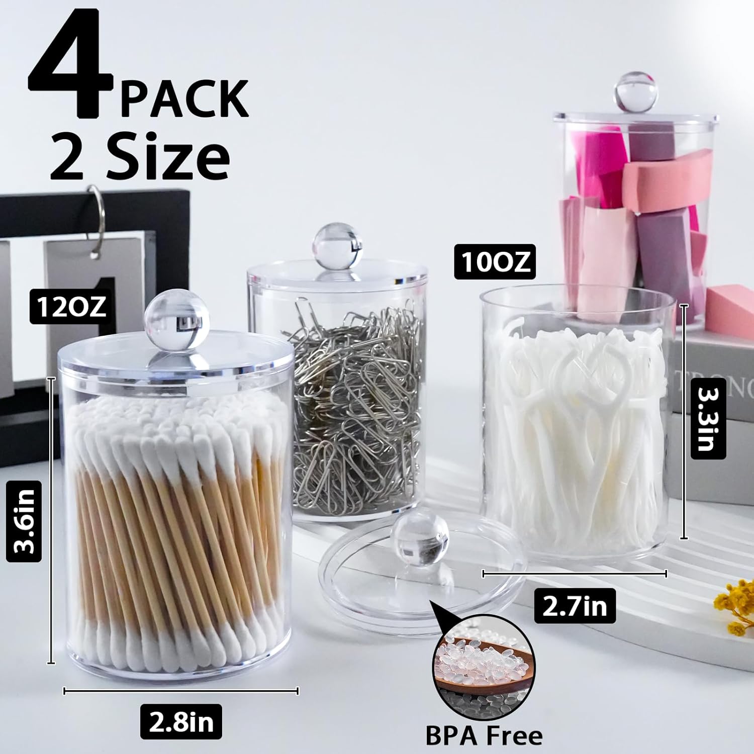 XIPENGKEJI Qtip Holder Set - 4 Pack Apothecary Jars with Lids for Cotton Swabs & Pads | 10oz-12oz Organizers