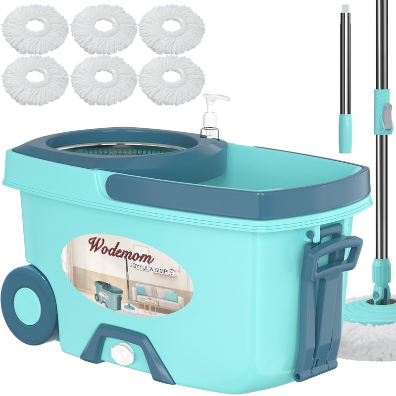Mop and Bucket with Wringer Set,Spin Mop and Bucket System, Mops for Floor Cleaning,Household Supplies Tools with 6 Replacement Refills,61" Extended Handle for Household Hardwood Floor - White