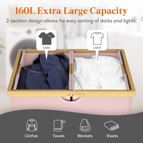 Lifewit 160L Double Laundry Hamper - Extra Large Bamboo Basket with Lid & 2 Removable Liners | Pink