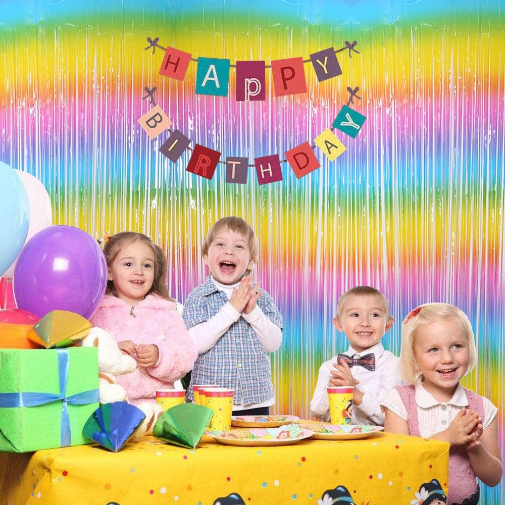 Skiennix Fringe Curtains - Tinsel Backdrop for Parties | 3 Pack Macaroon Rainbow Decorations