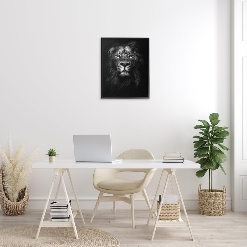 Stupell Industries King of The Jungle Lion in Shadows White Photography Black Framed Wall Art, 24x30, Multicolor