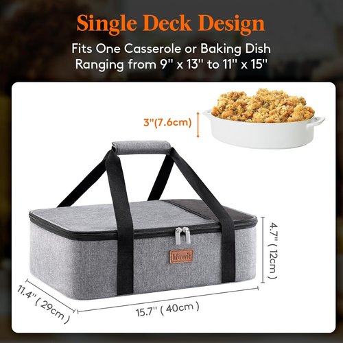 Lifewit Insulated Casserole Carrier - Keeps Food Hot or Cold | Fits 9"x13" Baking Dish, Grey