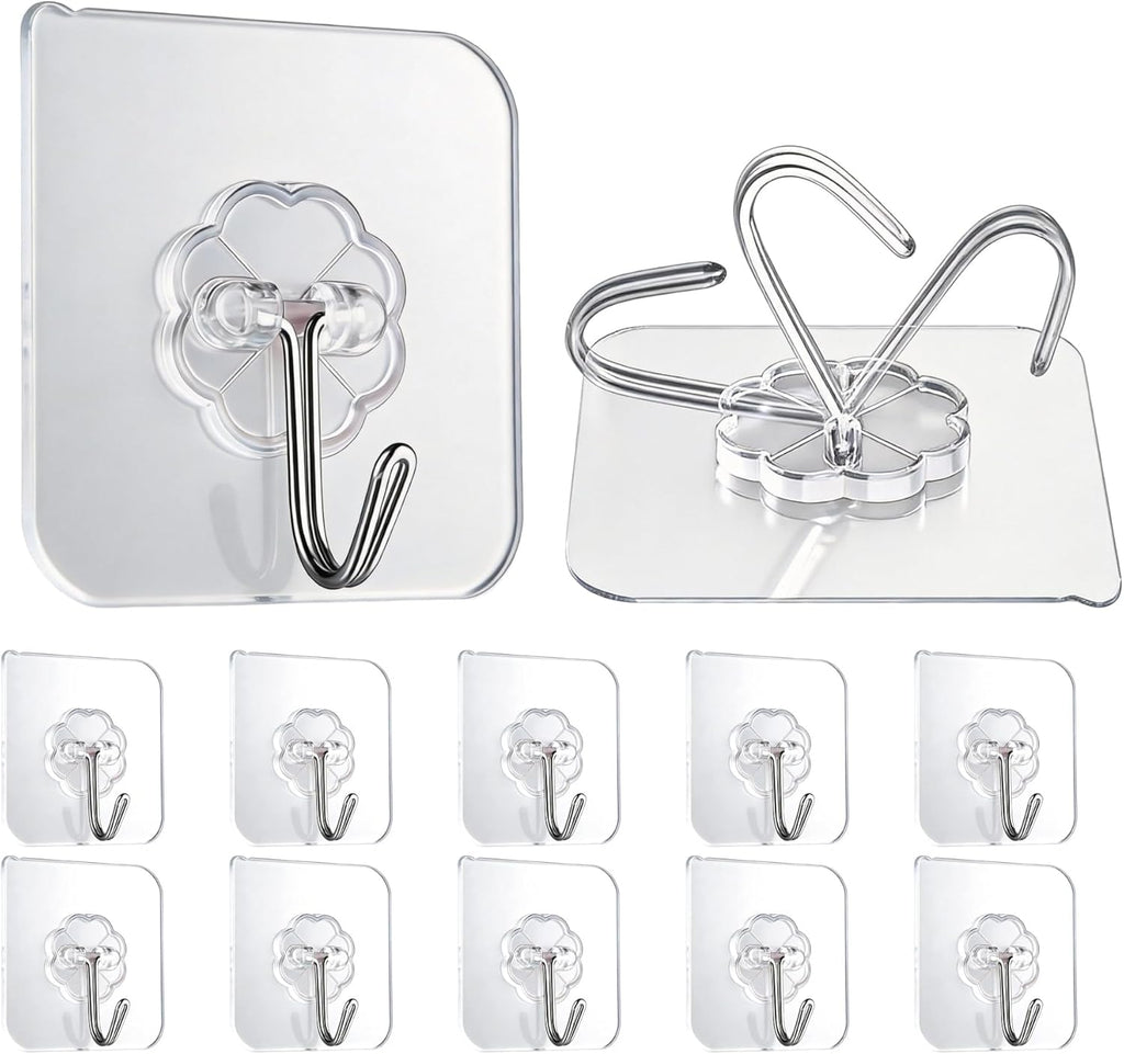 10 Pack Heavy Duty Self-Adhesive Wall Hooks by [Brand Name] - Transparent, Waterproof & Oilproof, Holds 33lbs for Bathroom & Kitchen