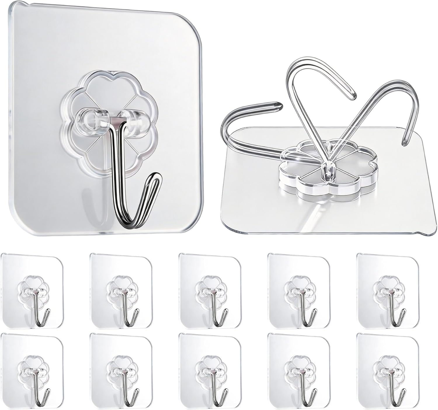 10 Pack Heavy Duty Self-Adhesive Wall Hooks by [Brand Name] - Transparent, Waterproof & Oilproof, Holds 33lbs for Bathroom & Kitchen