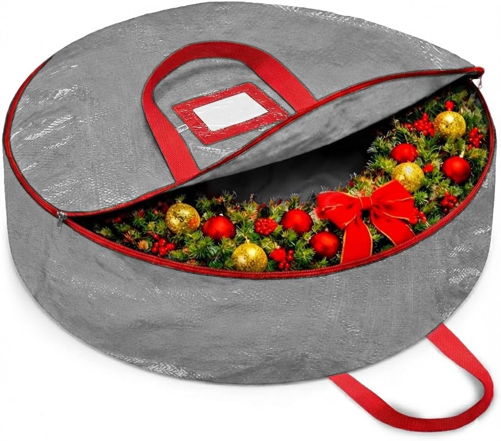 ZOBER Wreath Storage Bag - 36 Inch Durable Container for Artificial Wreaths - Gray with Dual Zippers