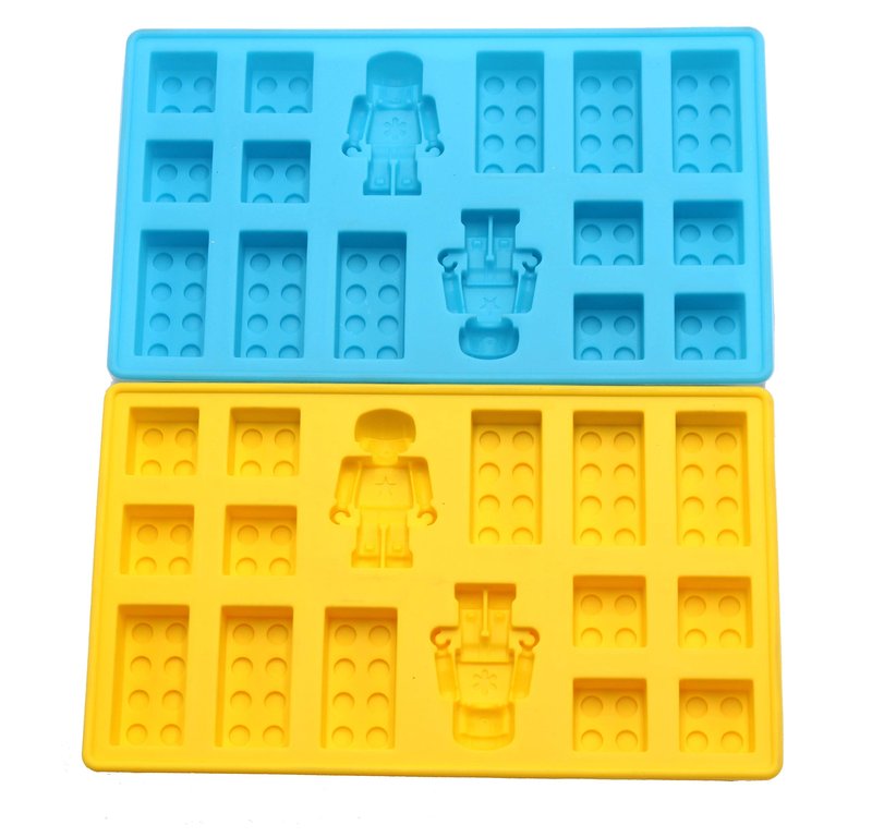 Minifigure Multi Building Bricks Ice Cube Trays & Candy Chocolate Molds for Melted Chocolate & Crayons - Birthday Day or Party Favors - Set of 2, Much Fun for Robot Lovers(Blue & Yellow)