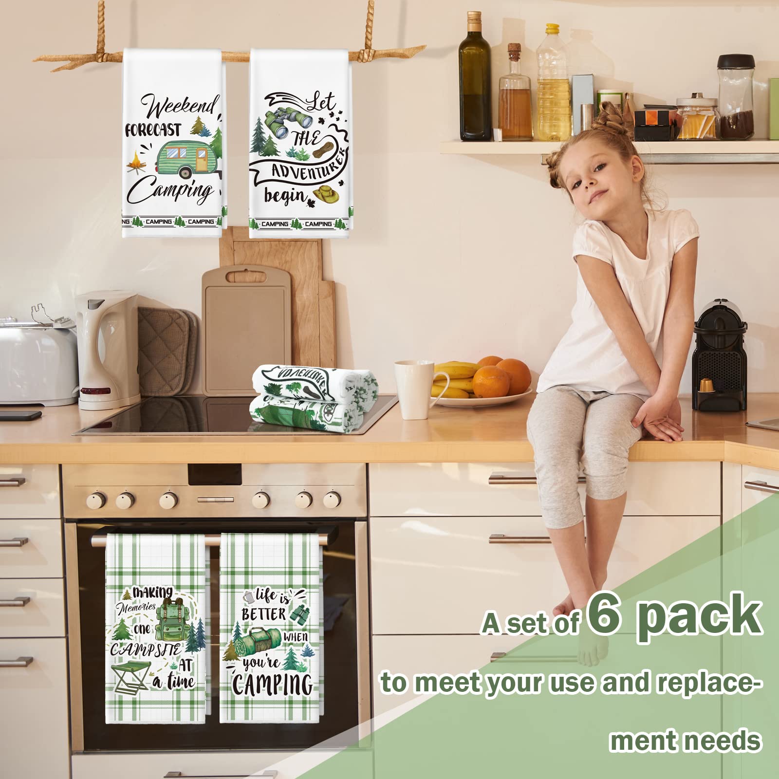 Redbaker 6 Pcs Camping Kitchen Towels Bonfire Tent Car Dishcloth Outdoors Happy Camper Hand Tea Towels Decorative Set Absorbent Camping Decor with Hanging Loop for Camper Gifts RV Accessories(White)