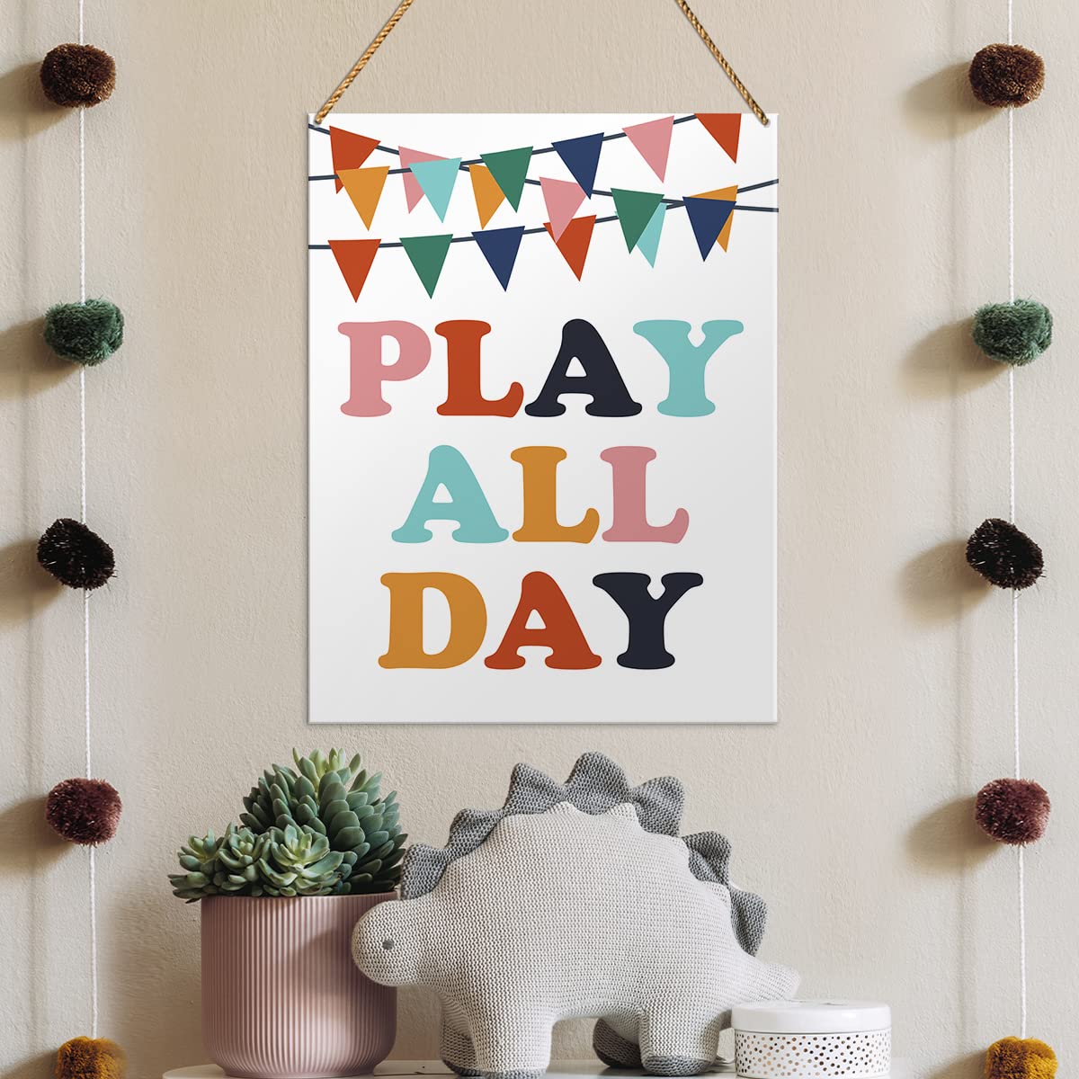 Nursery Wood Sign Decor, Play All Day, Nursery Kids Room Playroom Motivational Decor Inspirational Wall Art Decoration for Homeschool Classroom