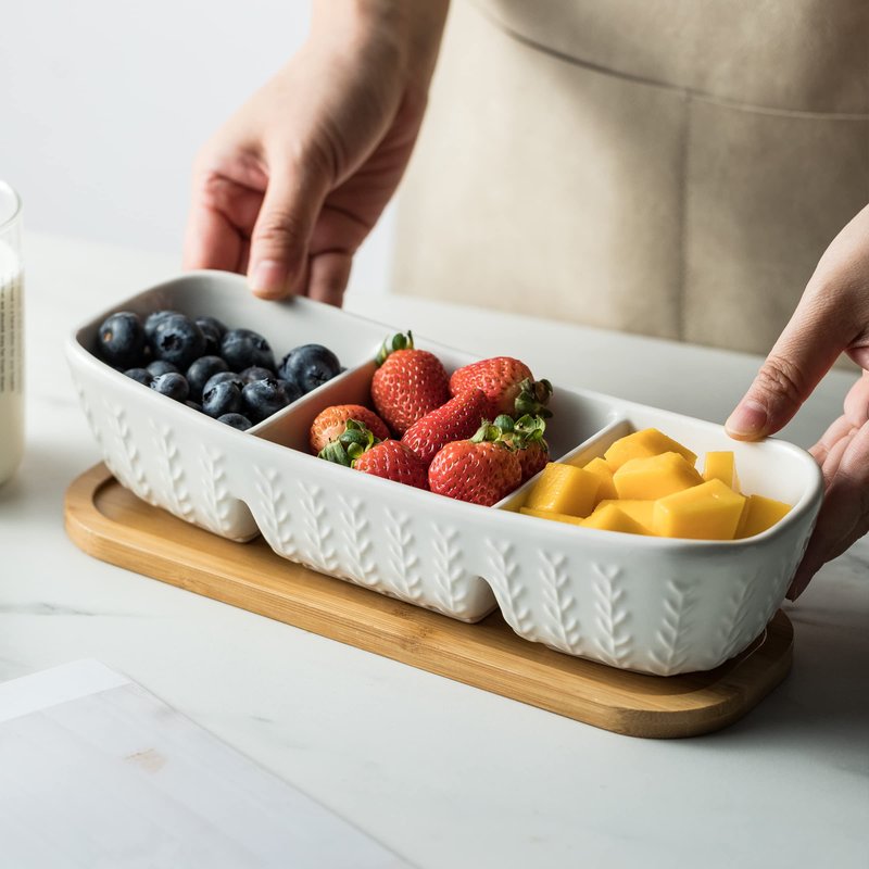 Miamolo 3 Compartment Condiment Tray, Chip and Dip Bowl with Wooden Serving Tray, Perfect for Snacks, Appetizers, Charcuterie, Chips, Candy, 10-inch Chip and Dip Serving Set for Parties