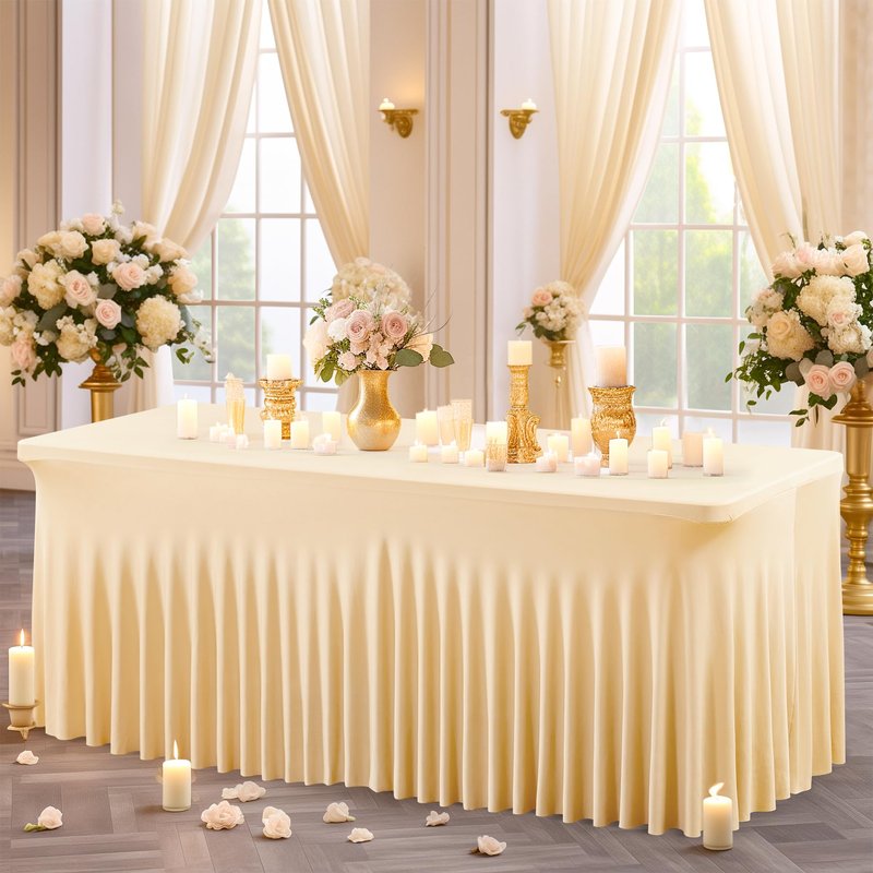 Shillance 2 Packs Champagne Spandex Table Clothes for 8 Foot Rectangle Table, Spandex Table Covers 8FT Stretch Table Skirts Wrinkle Free Fitted Tablecloth for Event, Wedding, Banquet & Parties