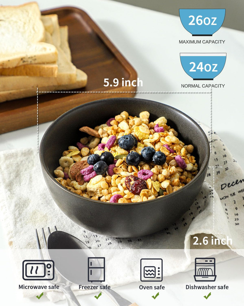Tikooere Cereal Bowls, 24 oz Soup Bowls Set of 4, Ceramic Bowls Set for Salad, Fruit, Breakfast, Dessert, Stoneware Bowls for Kitchen, Dishwasher & Microwave Safe, Matte Black