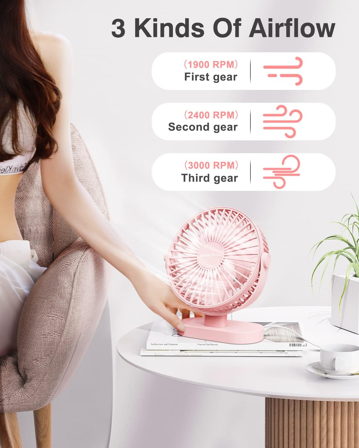 Sweetfull USB Desk Fan - 3-Speed Portable Mini Fan with 360° Rotation | Quiet Operation for Home & Travel (Pink)