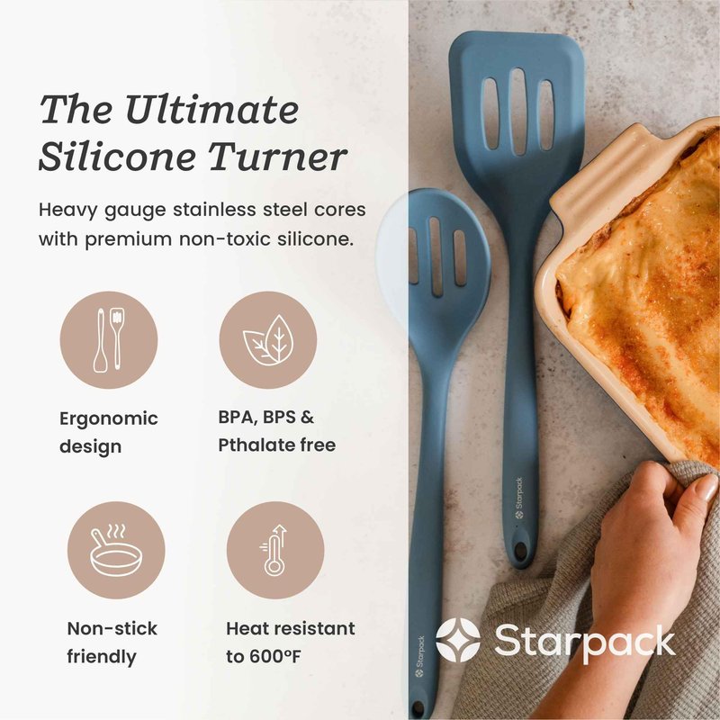 Starpack 'Head Turner' Premium Silicone Turner Spatula, Slotted Spatula - Up-to 600°F High Heat Resistant Silicone Slotted Spatulas for Cooking, LFGB Grade Non Stick Rubber Turner Spatula - 10"