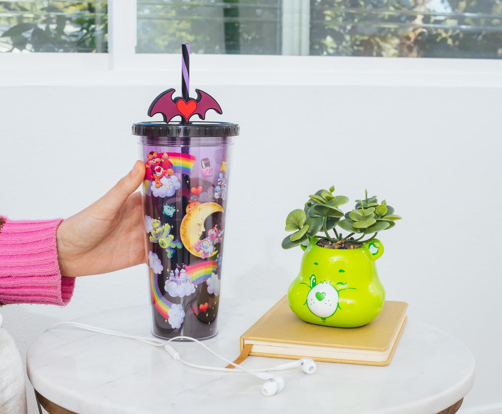 Silver Buffalo Care Bears x Universal Monsters Carnival Cup With Leak-Resistant Lid and Straw Topper | Holds 24 Ounces