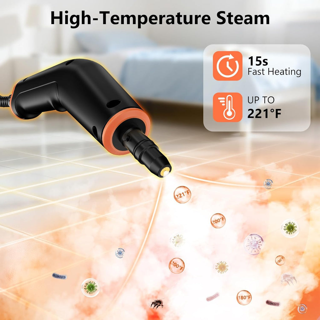 Skiennix Portable Steam Cleaner - Handheld Steamer with 16 Accessories, 6-Level Adjustable, 15s Heat-Up, Ideal for Home & Car Detailing - Orange