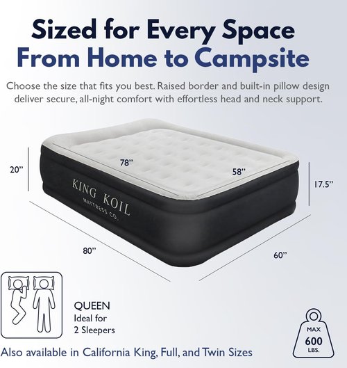 King Koil Queen Air Mattress - Luxury Pillow Top Design with Built-In Pump | Waterproof & Adjustable, 20" Size
