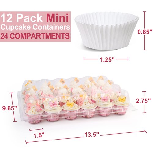 LotFancy (24 Count x 12 Sets) Mini Cupcake Containers with 288 Liners, Plastic Cupcake Boxes Holder, BPA Free, Clear Disposable Cupcake Carriers with Detachable Dome Lid