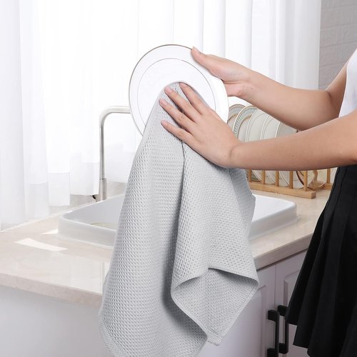 Homaxy Kitchen Dish Towels - 100% Cotton Waffle Weave, Ultra Soft & Absorbent, 13 x 28 Inches, 4-Pack, Light Gray