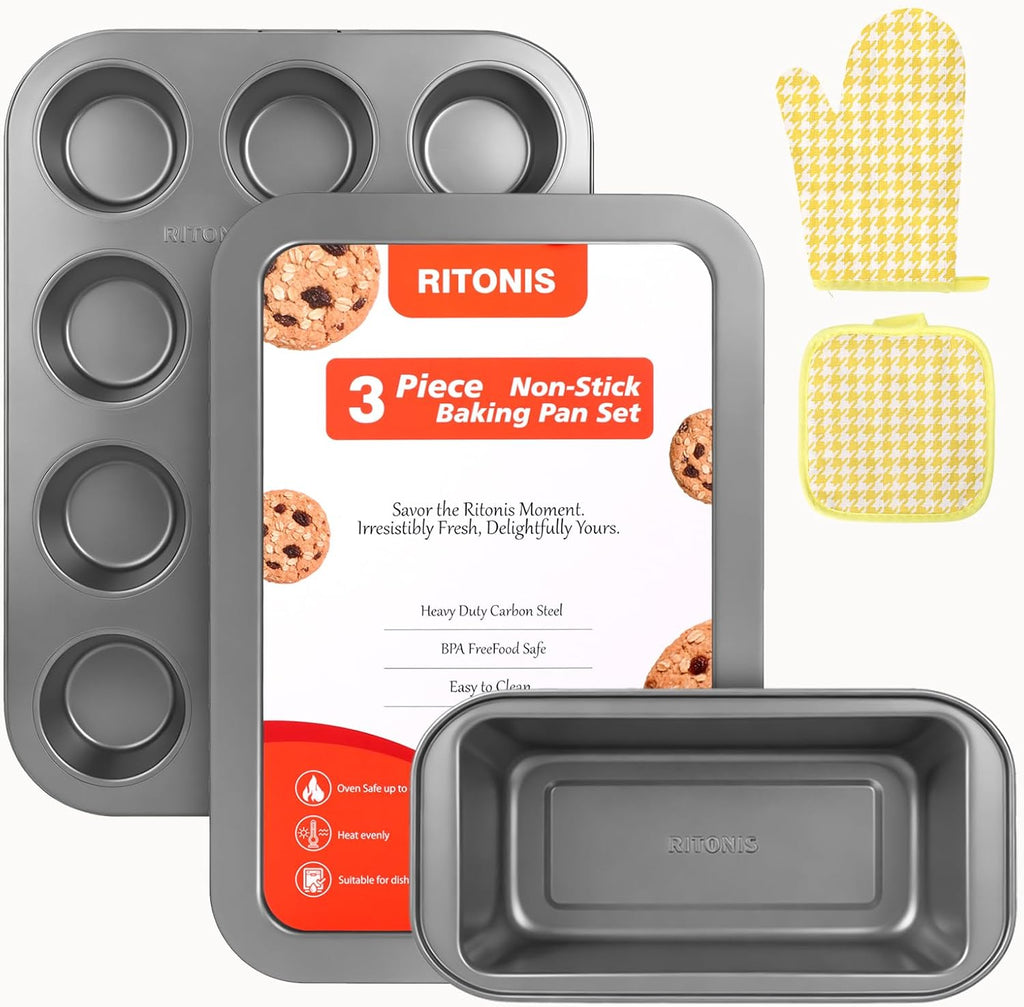 Skiennix 3-Piece Nonstick Baking Pan Set - Stackable Carbon Steel Oven Bakeware with Glove