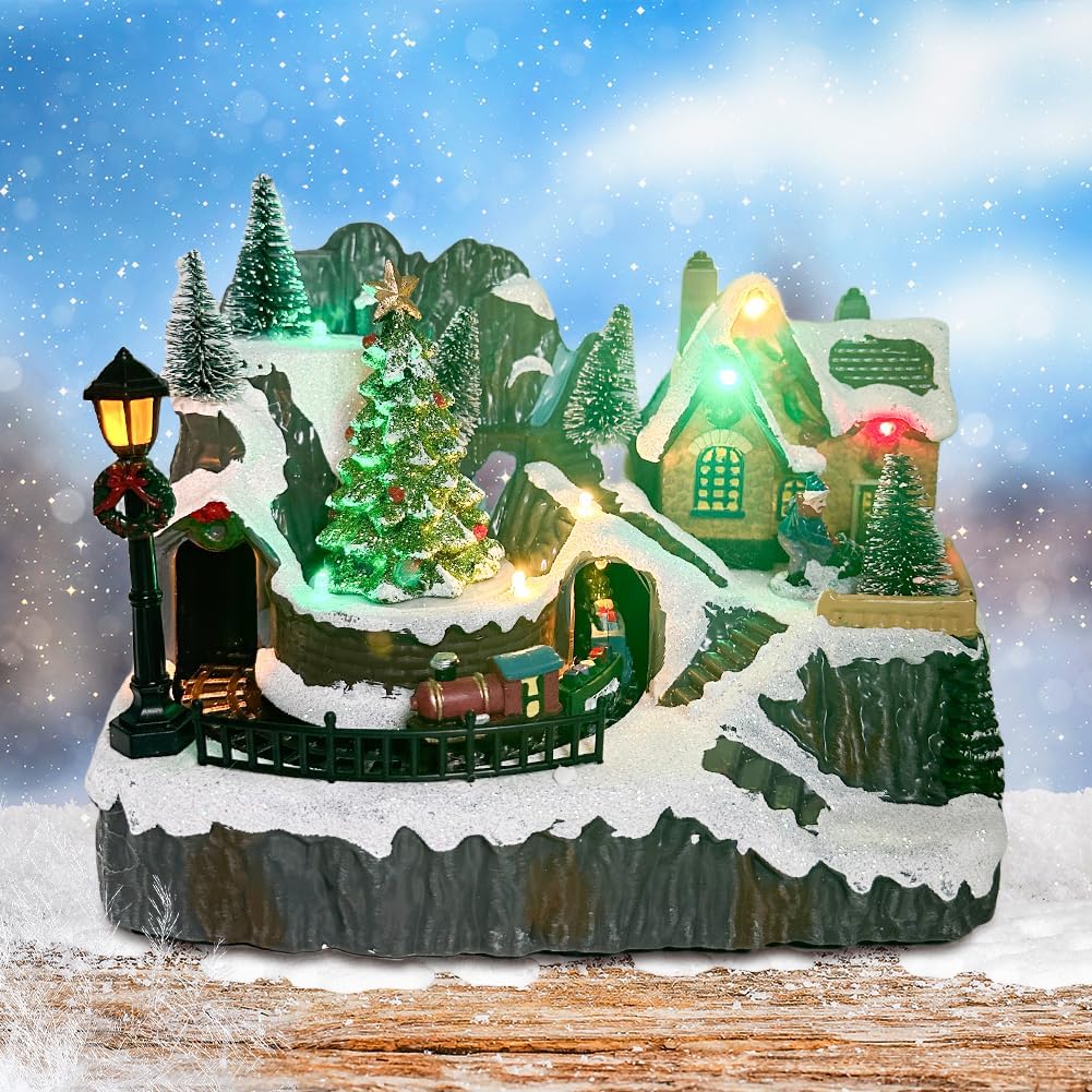 Tarocynn Christmas Village House Figurine - Musical & Light-Up Moving Tree & Train Display