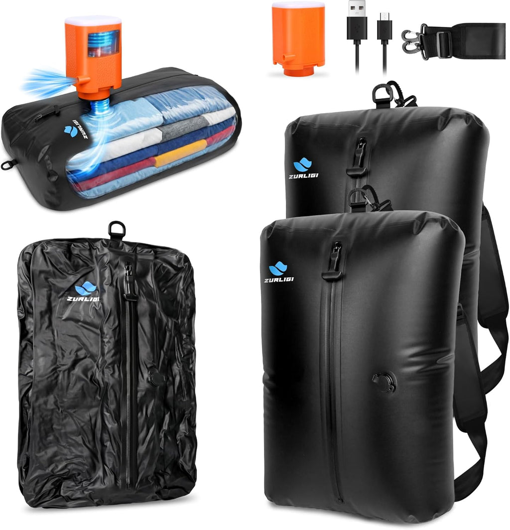 Zurligi Travel Vacuum Bags - IPX8 Waterproof Compression Bags with Mini Pump | 39L for Clothes & Luggage (2-Pack, Black)