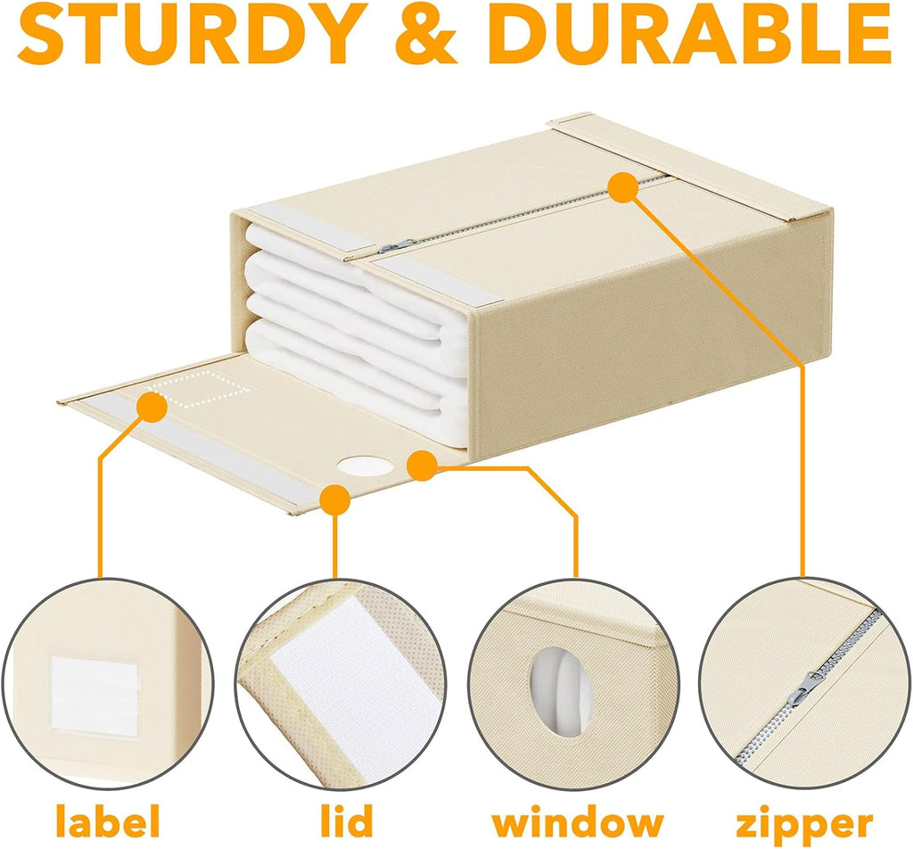 SpaceAid Bed Sheet Organizers - 6 Pack Foldable Storage with Window for Queen & King Size Bedding (Beige)