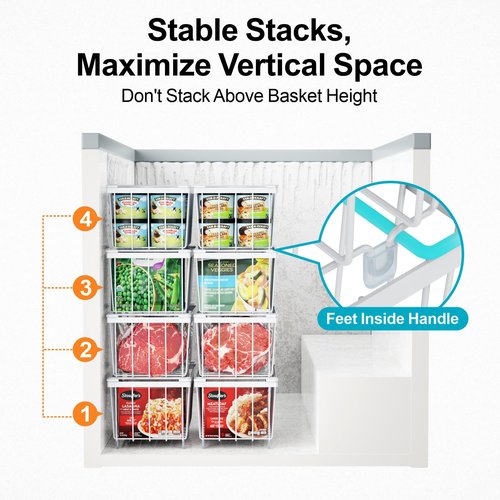 iSPECLE Freezer Organizer Bins, 4 Pack Deep Freezer Baskets for 5 to 7 Cu.Ft, Stackable Wire Chest Freezer Organizer Bins for Small Food, Strong Metal with Handles for Meat and Veggies, White