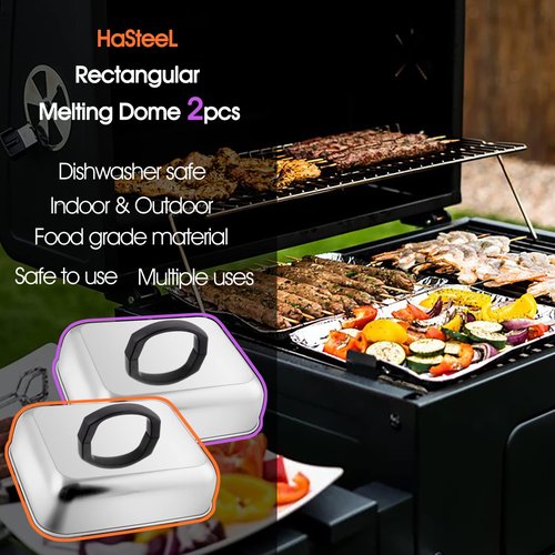 HaSteeL Cheese Melting Dome Set of 2, Stainless Steel Rectangular 9x7 Inch Basting Steaming Cover, Heavy Duty Metal Grill Dome for Flat Top Teppanyaki Barbecue Cooking Indoor/Outdoor, Dishwasher Safe