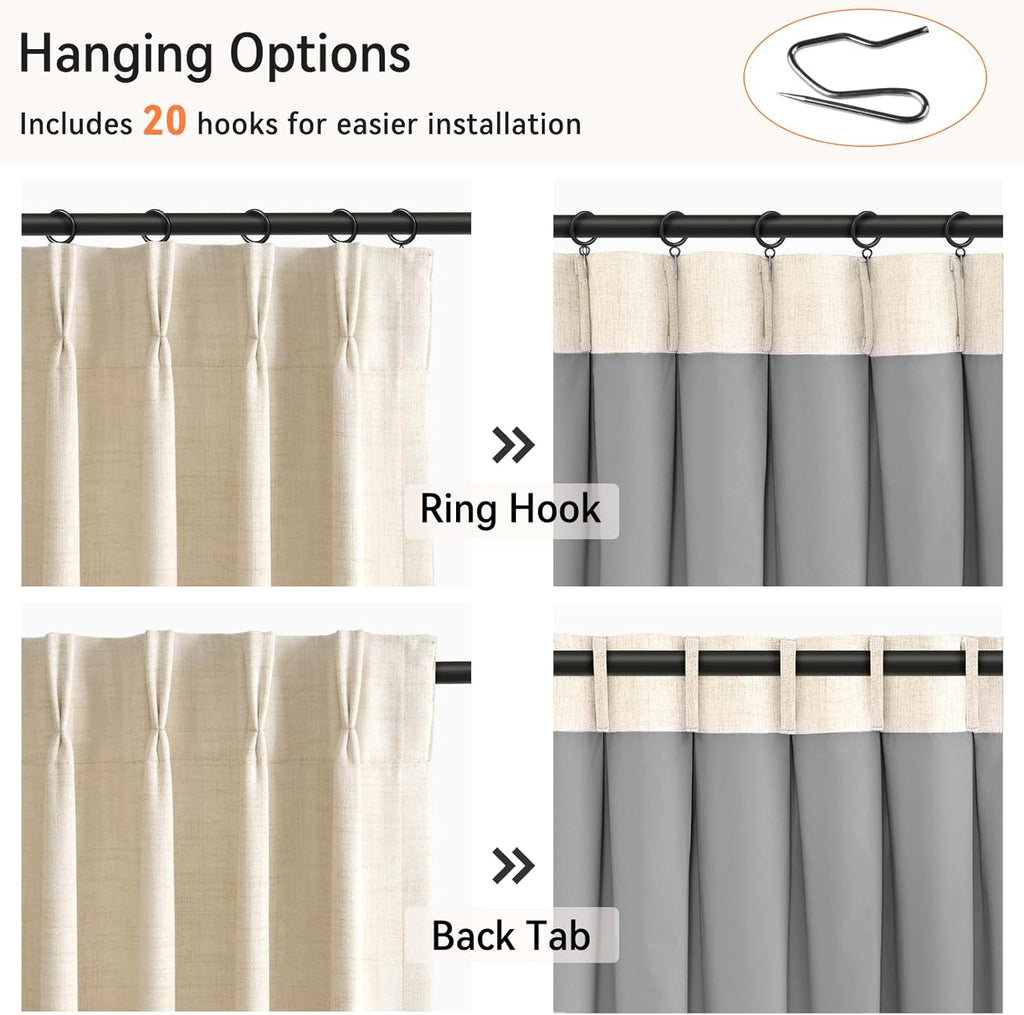 Skiennix 100% Blackout Curtains - Textured Pinch Pleated Drapes, Cream, 84" Long, 2 Panels Set