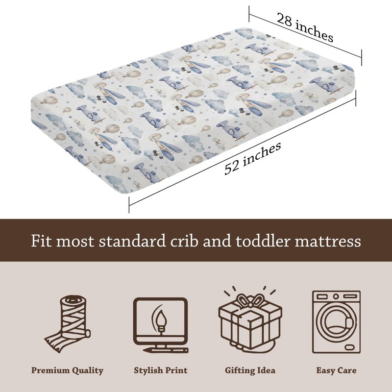 Plane Hot Air Balloons Transportation Pattern Baby Crib Sheet, Unisex Aircraft Clouds Stars Nursery Fitted Crib Bed Sheet for Boys Girls Standard Crib and Toddler Mattress-28x52