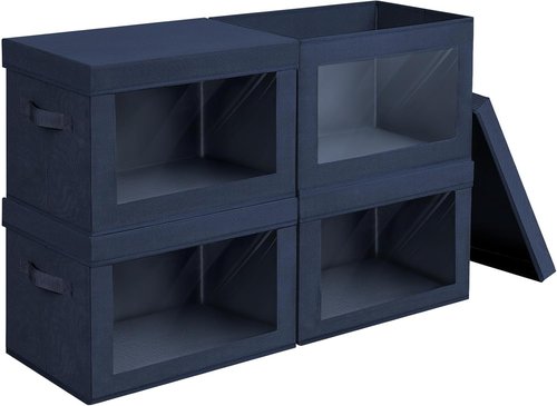 Homsorout Foldable Storage Boxes - Decorative Fabric Baskets with Clear Window, Navy Blue, 4-Pack for Organizing