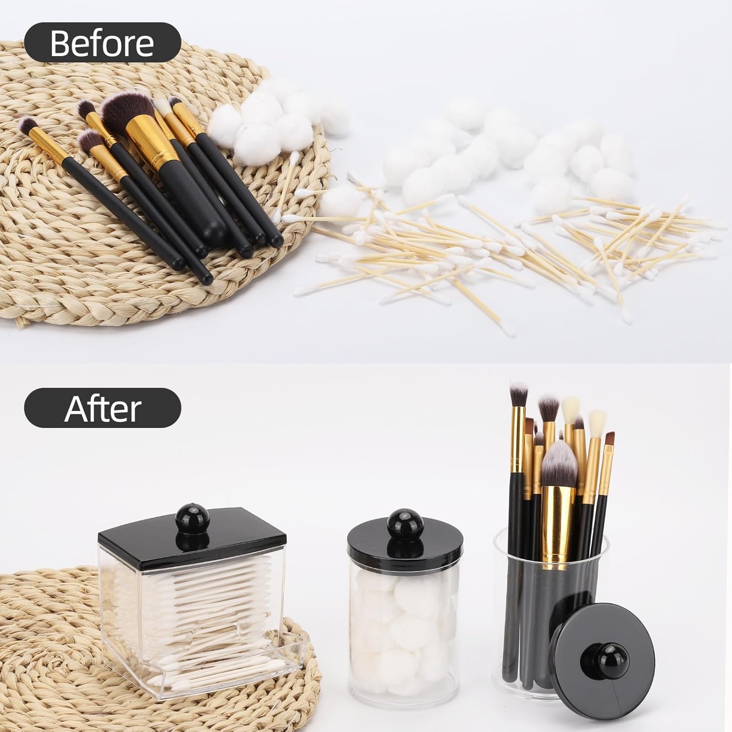 Tbestmax Cotton Ball Holder - 10oz Apothecary Jar Organizer for Bathroom | Q-Tips & Swabs Storage with Black Lid