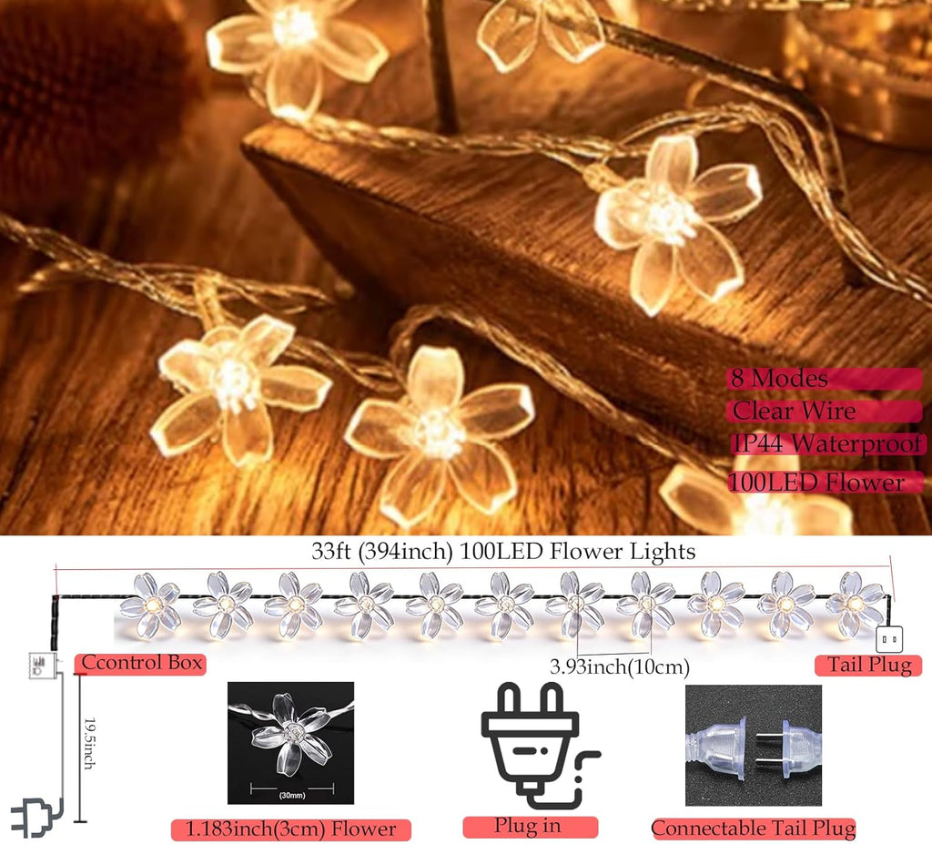 Skiennix Decorative Flower String Lights - 33ft 100 LED Soft Cherry Blossom Fairy Lights | Warm White for Bedroom, Patio, Wedding Decor