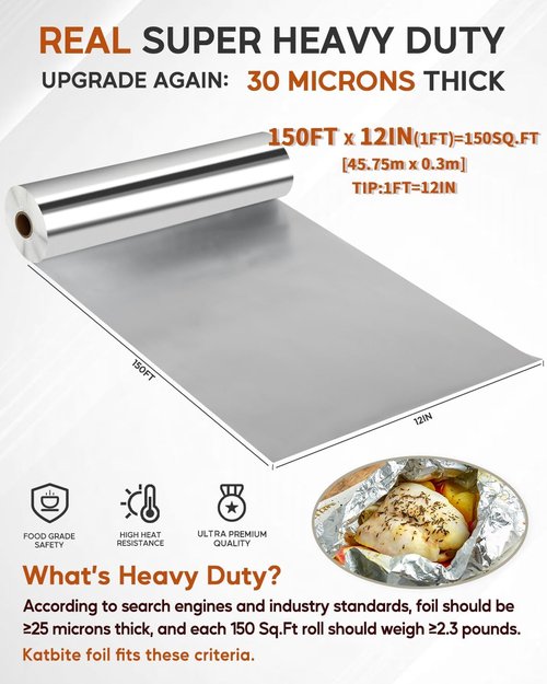 Katbite Heavy Duty Aluminum Foil Roll - 12in x 150ft | 30 Micron Thick, Perfect for Cooking & Grilling