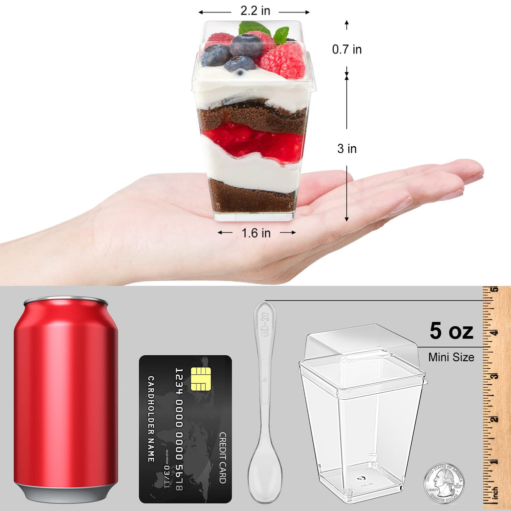 TOFLEN 50 Pack 5 oz Plastic Dessert Cups with High Lids for Party, Mini Dessert Cups with Spoons Dessert Shooter Cups for Yogurt Parfait, Appetizer, Pudding, Fruit and Ice Cream