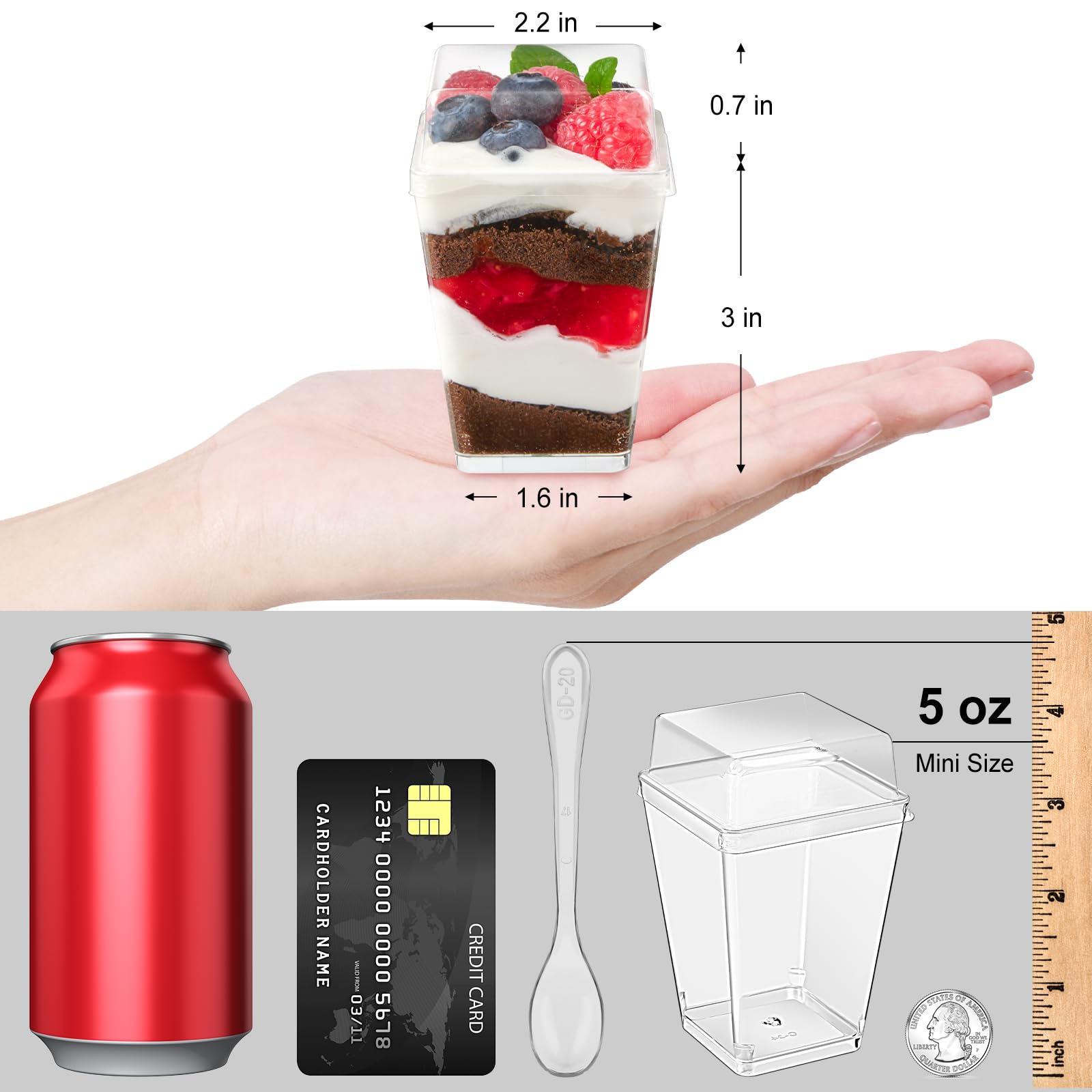 TOFLEN 50 Pack 5 oz Plastic Dessert Cups with High Lids for Party, Mini Dessert Cups with Spoons Dessert Shooter Cups for Yogurt Parfait, Appetizer, Pudding, Fruit and Ice Cream