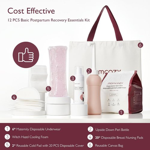 Momcozy Postpartum Recovery Kit - Self-Absorbent Underwear, Nursing Pads & Peri Bottle Set