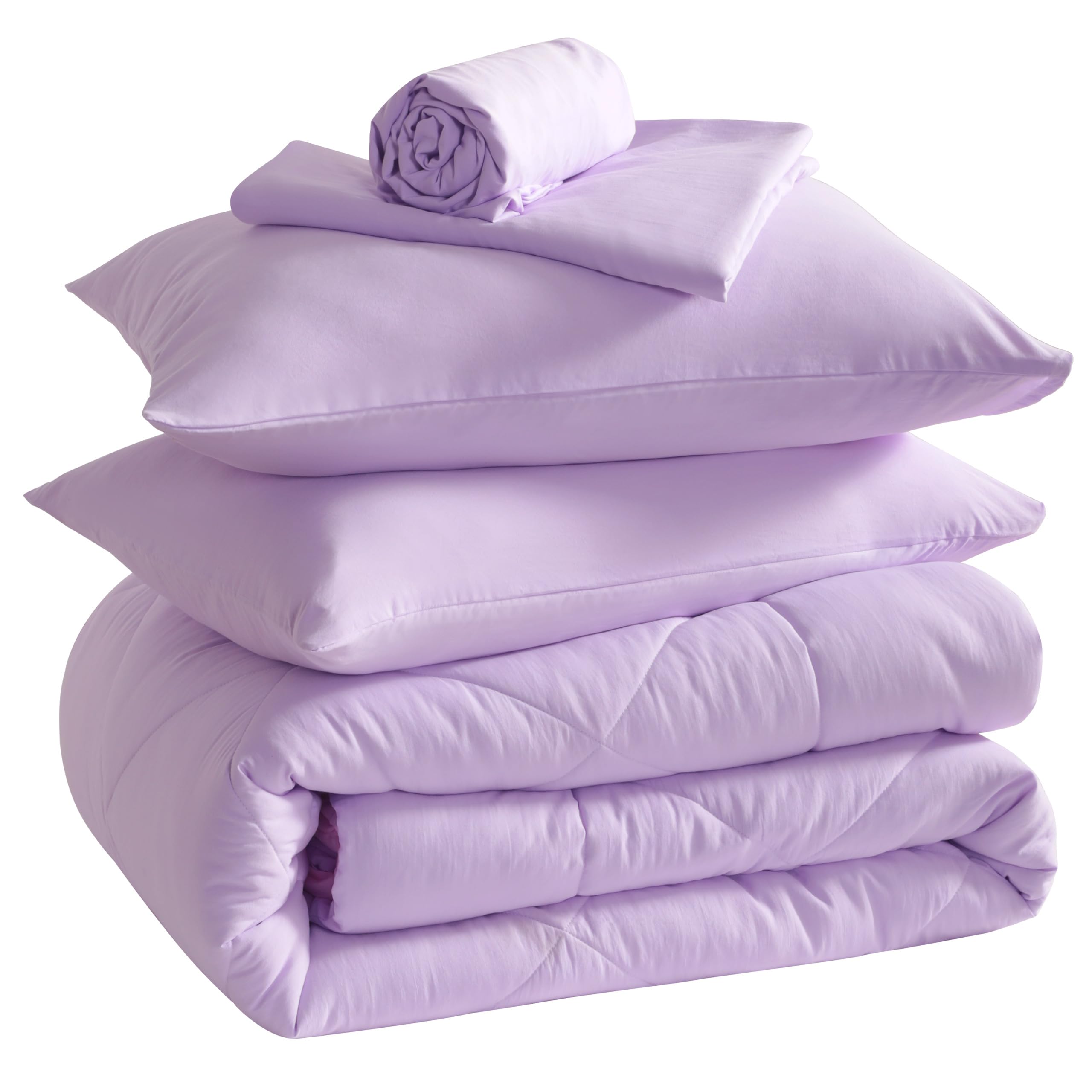 FLXXIE 5 Pieces Toddler Bedding Set, Soft and Breathable Microfiber Crib Sheet Set, Includes Quilted Comforter, Flat Top Sheet, Fitted Sheet, Envelope Pillow Case for Boys and Girls, Lavender